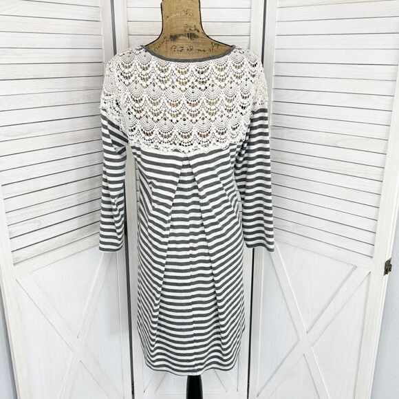 UMGEE Striped Crochet Lace Shoulder Tee Shirt Dress Gray Ivory Medium - Picture 4 of 11